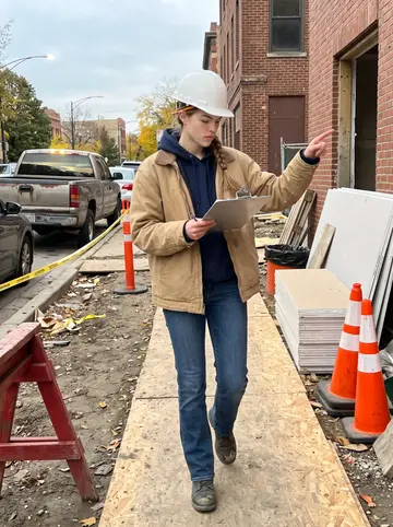 Oliwia, AI character: a small Chicago job site at dawn, plywood walkway, stacked drywall, orange cones, and a pickup parked near…