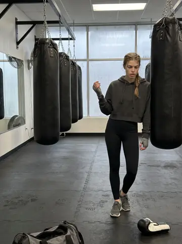 Oliwia, AI character: a neighborhood boxing gym before sunrise, heavy bags hanging in a row, rubber floor mats, fogged front windows