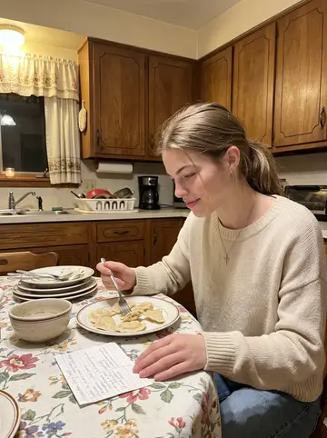 Oliwia, AI character: her grandmother's warm kitchen on a Sunday evening, a plate of pierogi, floral tablecloth, and old wooden…