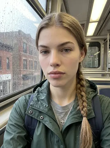 Oliwia, AI character: inside a CTA train on a rainy Chicago morning, wet window glass and blurred brick buildings behind her