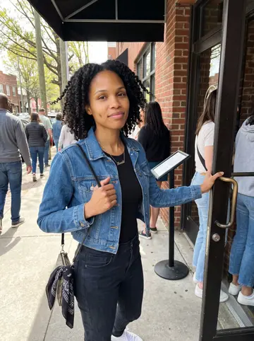 Ashanti, AI character: outside a brick brunch spot on Edgewood Avenue in Atlanta, standing in the doorway while the line moves…