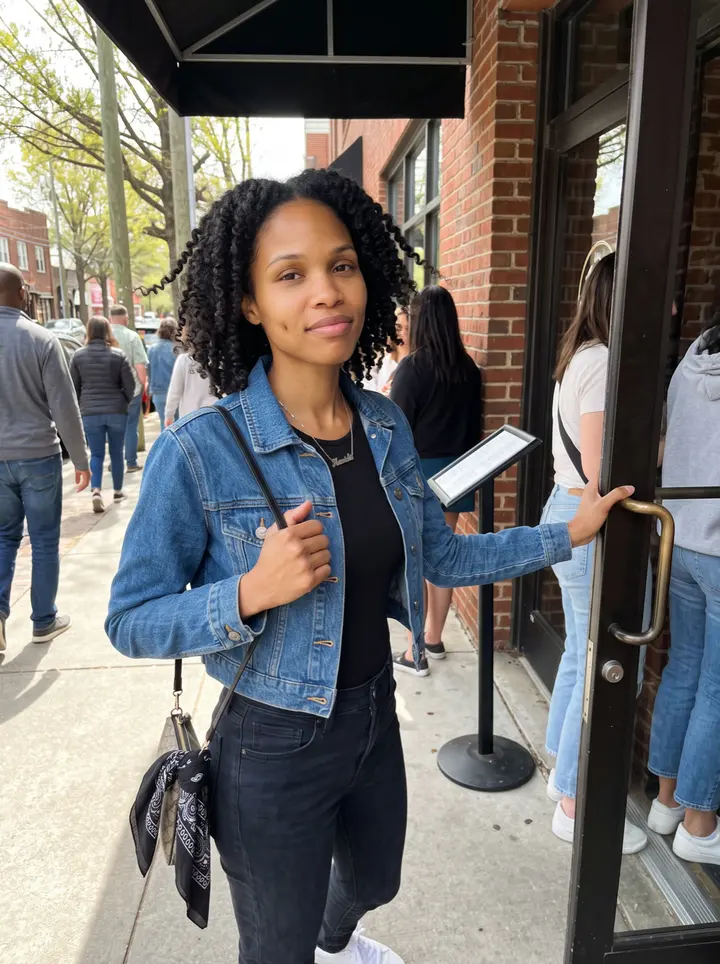 Ashanti, AI character: outside a brick brunch spot on Edgewood Avenue in Atlanta, standing in the doorway while the line moves…