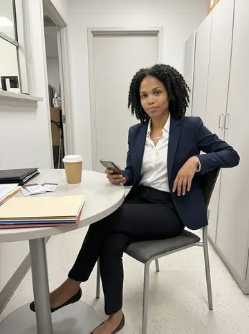 Ashanti, AI character: staff break corner behind the Midtown Atlanta hotel front desk, beside a small round table with a paper…