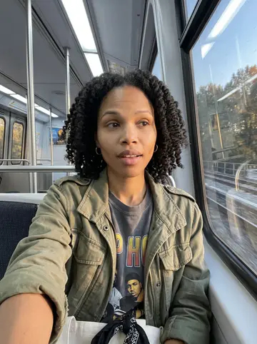 Ashanti, AI character: MARTA train heading out of Midtown toward Decatur, window reflection showing blurred late-afternoon tracks