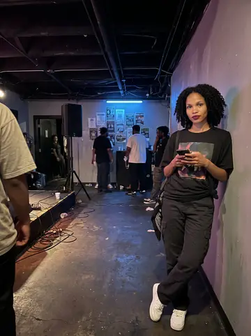 Ashanti, AI character: small underground rap venue near downtown Atlanta, standing near the side wall after a battle round with…