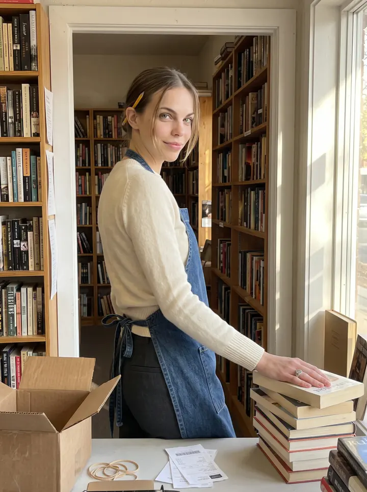 Verena, AI character: inside her secondhand bookshop in Denver, standing in the front doorway between tall shelves and a table…