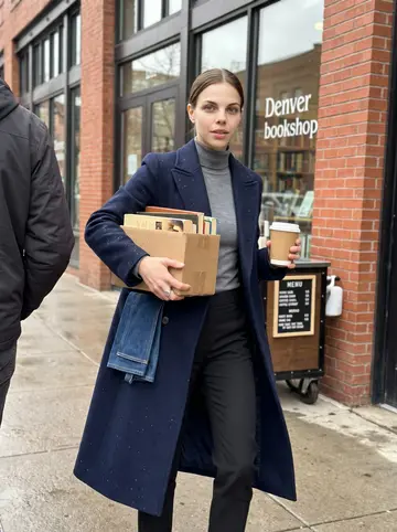 Verena, AI character: wet sidewalk outside the bookshop after a spring rain, a coffee cart and brick storefronts along the…