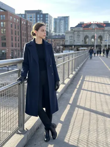 Verena, AI character: the pedestrian bridge near Denver Union Station on a cold clear afternoon, downtown buildings and blue sky…