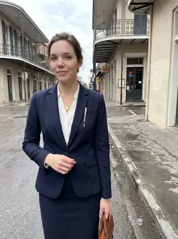 Lina, AI character: a rinsed early-morning corner of the French Quarter, old iron balconies and pale stucco behind her after…