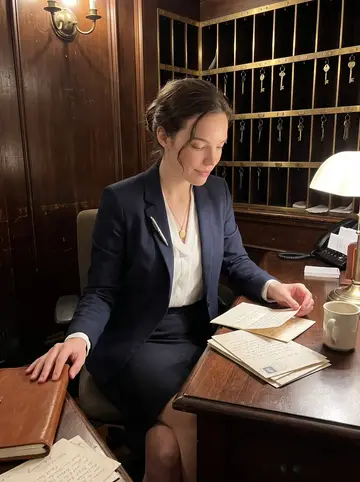 Lina, AI character: the quiet back corner of the old hotel lobby during a night shift, brass key rack and dark wood desk…