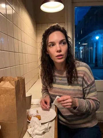 Lina, AI character: a late-night beignet counter near the French Quarter, tiled wall and paper bag on the small table