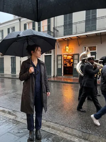 Lina, AI character: a damp French Quarter side street as a brass band funeral passes at a respectful distance