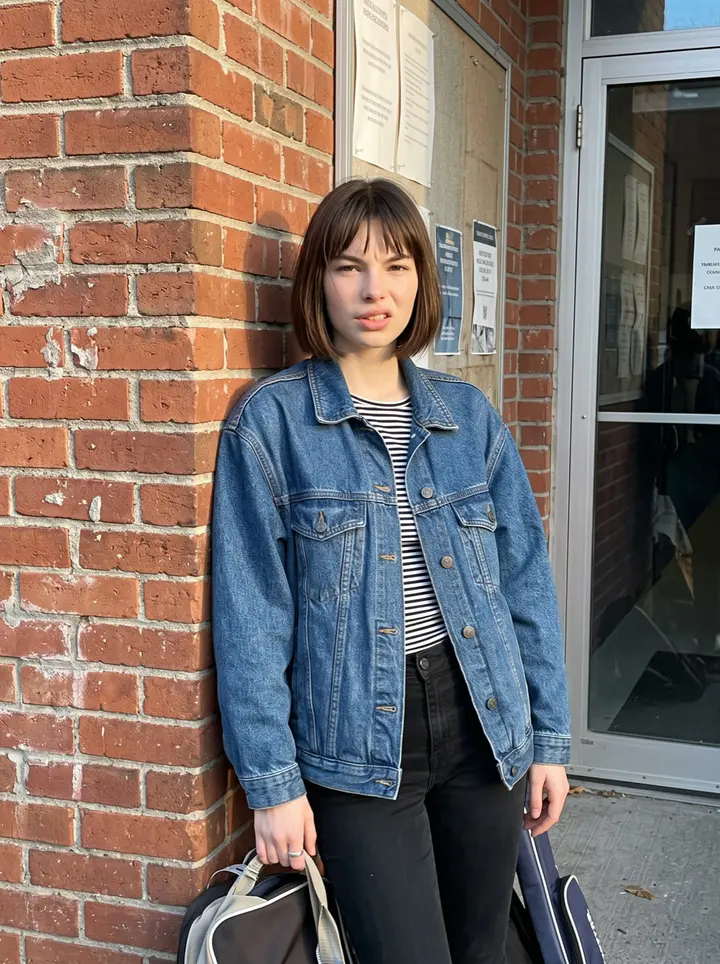 Ludivine, AI character: outside the drafty community fencing hall in Montreal, leaning against the brick wall with her fencing bag…