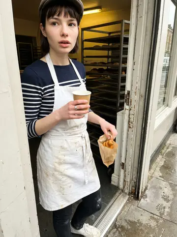 Ludivine, AI character: the side doorway of the bakery during a short morning break, trays stacked inside and the sidewalk still damp