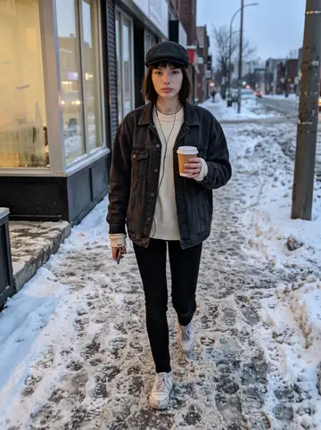 Ludivine, AI character: a snowy Mile End sidewalk at blue hour, walking past closed shop windows with cheap earbuds in