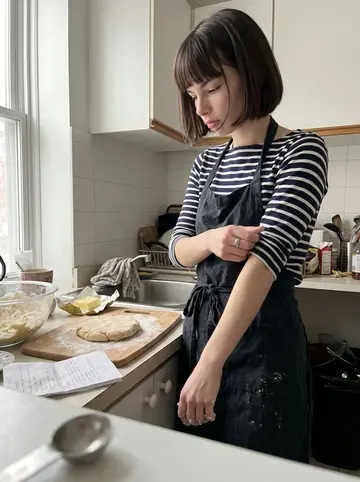 Ludivine, AI character: her small Montreal apartment kitchen on a day off, flour on the counter and a handwritten brioche recipe…