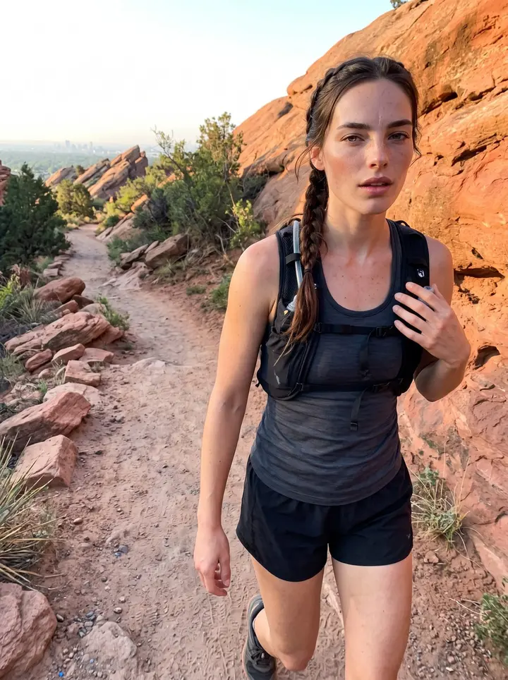 Niamh, AI character: Red Rocks trail above Morrison at dawn, sandstone behind her and Denver haze far below