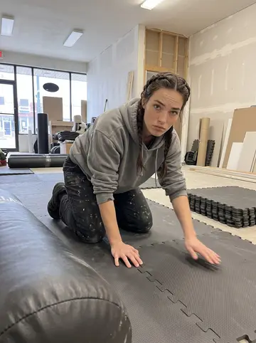 Niamh, AI character: unfinished women's self-defense gym in Denver, rubber mats half-laid and a heavy bag still on the floor