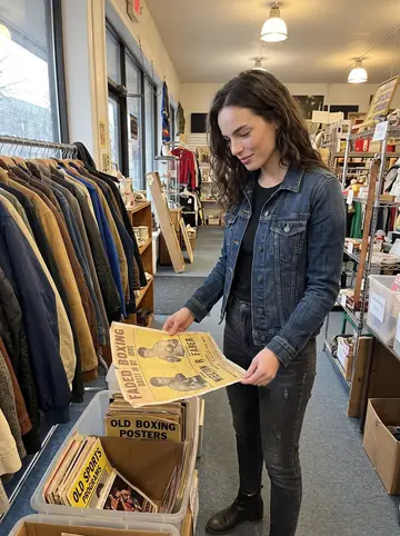 Niamh, AI character: crowded South Broadway thrift store aisle, a bin of old boxing posters and sports programs in front of her
