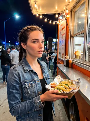 Niamh, AI character: RiNo sidewalk beside a taco truck, people waiting behind her under string lights