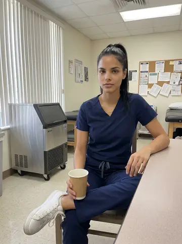 Isadora, AI character: staff break corner at the sports clinic in Hialeah, treatment tables and a rolling ice machine visible…