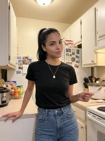 Isadora, AI character: her abuela's apartment kitchen on Sunday evening, rice cooker, plastic fruit bowl and fridge magnets in…