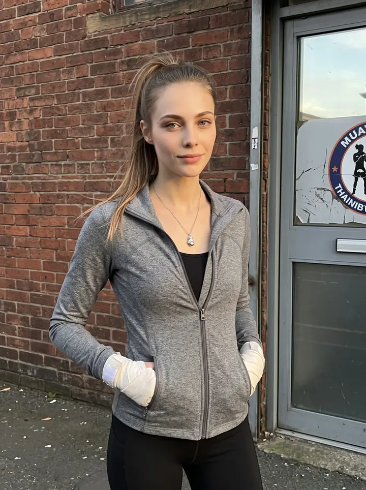 Kimberly, AI character: outside her Muay Thai gym in Manchester after evening training, brick wall and gym door behind her