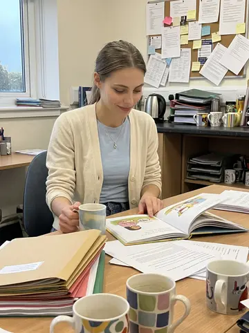 Kimberly, AI character: quiet primary school staffroom in Manchester after the children have gone home, mugs and lesson folders on…
