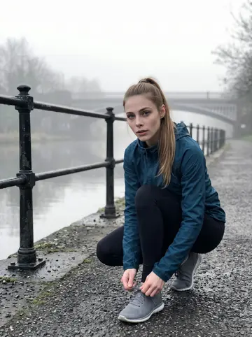 Kimberly, AI character: towpath beside the Manchester canal at dawn, railings and water fading into light fog