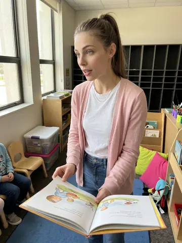 Kimberly, AI character: empty classroom reading corner after school, low bookshelf and bright cushions in the background