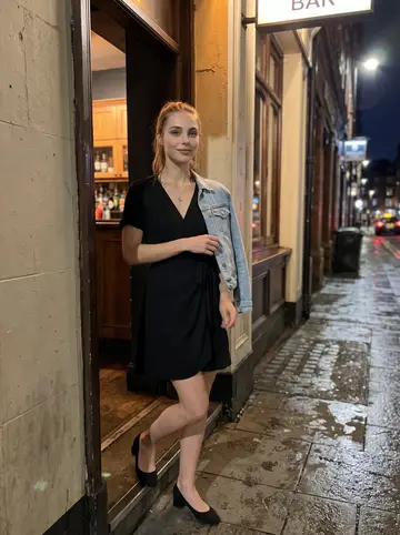 Kimberly, AI character: outside a small Manchester bar on a rare night out, wet pavement and taxi lights behind her