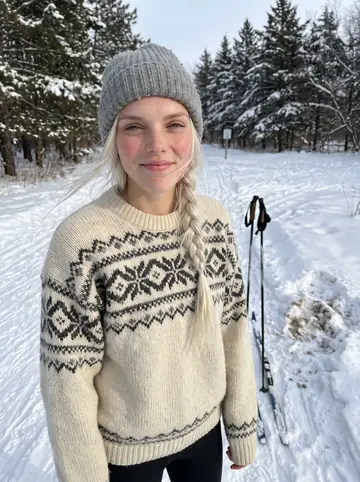 Linnea, AI character: a groomed cross-country ski trail in Theodore Wirth Park, snow-covered pines behind her, her skis stuck…