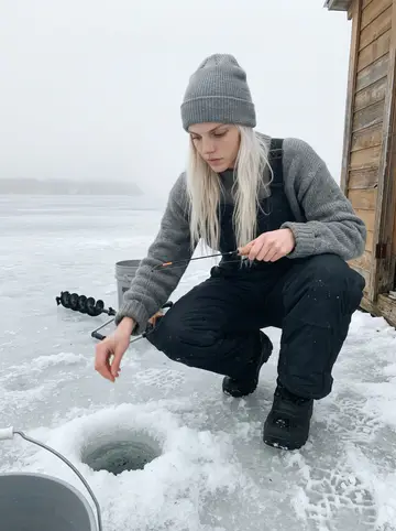 Linnea, AI character: on the frozen surface of Lake Minnetonka beside a small wooden ice-fishing shack, an auger and a bucket on…
