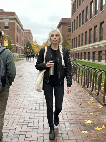 Linnea, AI character: a brick campus walkway between university buildings in Minneapolis, fallen yellow leaves on the pavement
