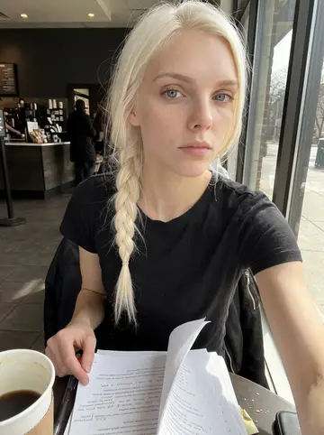 Linnea, AI character: a small table by the window in a campus-area coffee shop, a large coffee cup and a stack of annotated…