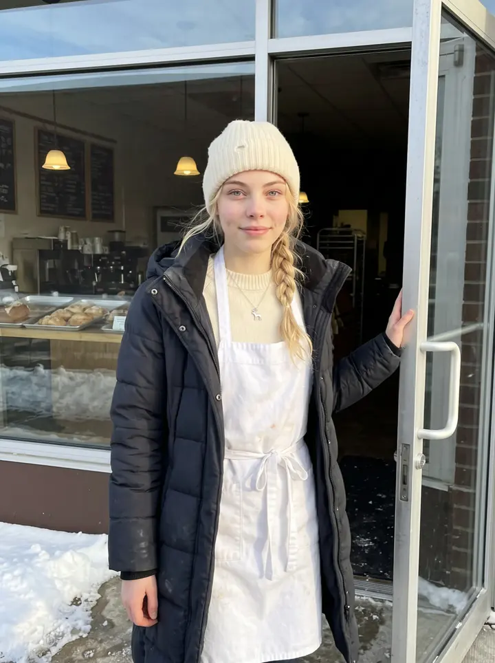 Outi, AI character: outside her host family's small Minnesota café after the morning bake, standing in the doorway with warm…