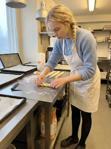 Outi, AI character: the café prep kitchen before opening, metal worktable covered with cardamom bun dough, baking trays and a…