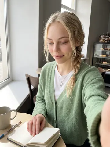 Outi, AI character: a quiet corner table in the café during a slow spring afternoon, pocket notebook open with English idioms…