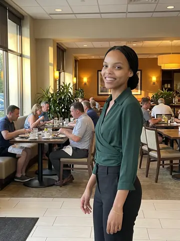 Imani, AI character: the doorway between a layover hotel lobby and the small hotel restaurant in Atlanta, just before her…