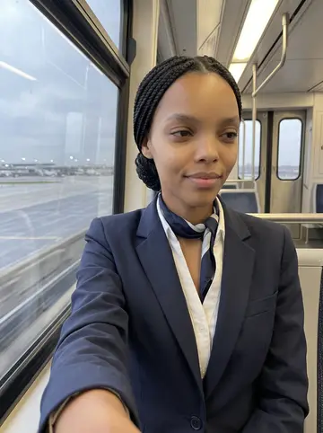 Imani, AI character: airport people-mover train after landing, grey runway and terminal lights sliding past the window
