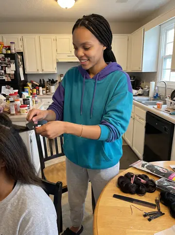Imani, AI character: Grandma's kitchen in Charlotte on a day off, braid packs, combs and hair clips spread across the table