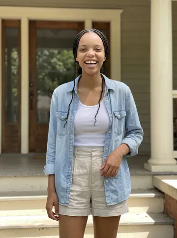 Imani, AI character: Grandma's front porch after Sunday lunch in Charlotte, her brothers cropped in from both sides of the frame