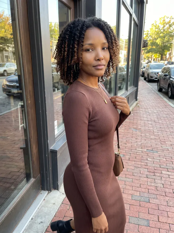 Keisha, AI character: a brick-lined street in Atlanta near a small coffee shop after her shift, warm storefronts and parked cars…