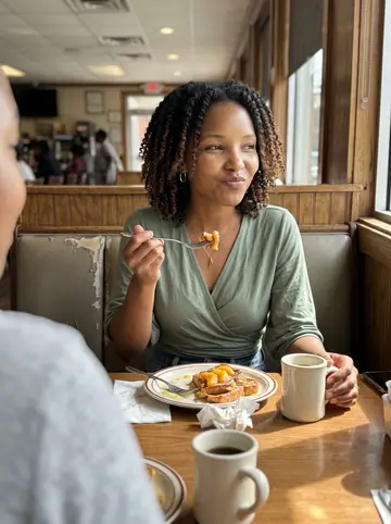 Keisha, AI character: Sunday brunch with her two best friends at a sunny diner booth in Atlanta, peach French toast and coffee…