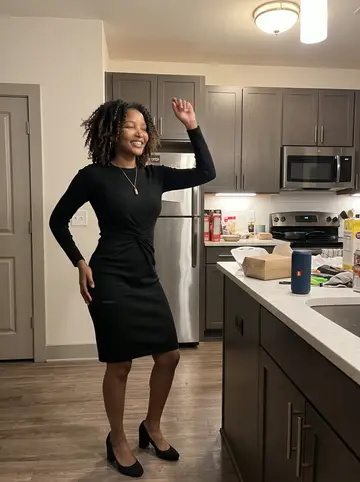 Keisha, AI character: her friend's apartment kitchen in Atlanta after dinner, small speaker on the counter and takeout…