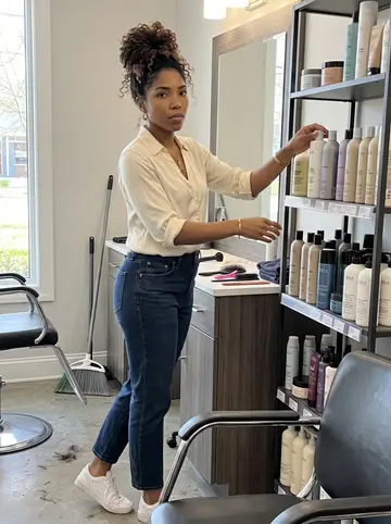 Abigail, AI character: inside her Decatur salon on a Monday morning, product shelf half rearranged by color and mood, broom…