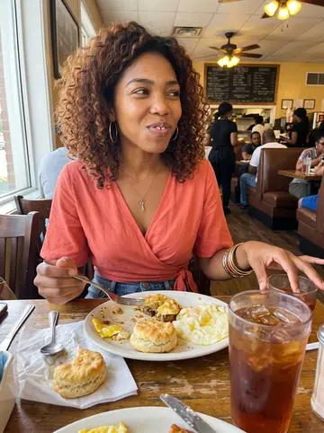 Abigail, AI character: Sunday brunch table at a busy Atlanta soul food spot after church, plates and sweet tea glasses crowded…