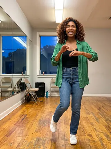 Abigail, AI character: line dance workshop in East Atlanta after an evening beginner class, polished wood floor and mirrored wall…