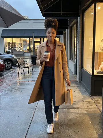 Abigail, AI character: Decatur Square sidewalk after a thrift-store stop, wet pavement, coffee cup in one hand and a small paper…
