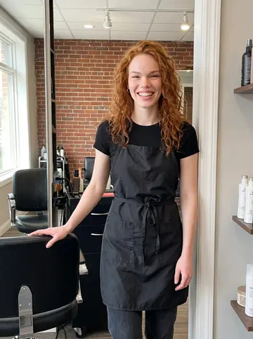 Mairead, AI character: the front styling station of her small Southie hair salon, mirrors and salon chair behind her, late…